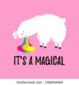 Vector cartoon card. Cute poster with funny llama nauseous rainbow. Doodle illustration. Template, background for print, design