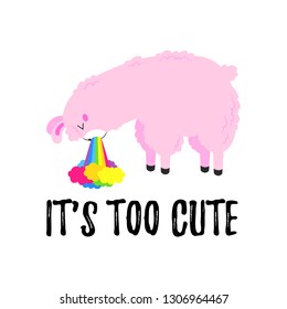 Vector cartoon card. Cute poster with funny llama nauseous rainbow. Doodle illustration. Template, background for print, design