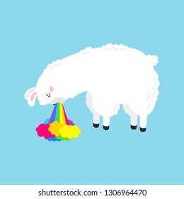 Vector cartoon card. Cute poster with funny llama nauseous rainbow. Doodle illustration. Template, background for print, design