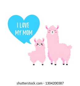 Vector cartoon card. Doodle illustration. Template, background for print, design. Cute poster with fun llama and baby. Happy mother's day