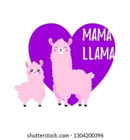 Vector cartoon card. Doodle illustration. Template, background for print, design. Cute poster with fun llama and baby. Happy mother's day