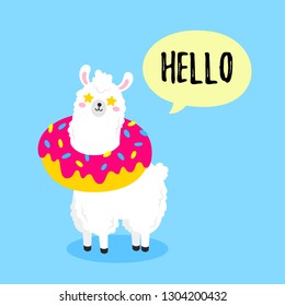 Vector cartoon card. Doodle illustration. Template, background for print, design. Cute poster with a funny llama with donut around his neck