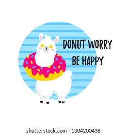 Vector cartoon card. Doodle illustration. Template, background for print, design. Cute poster with a funny llama with donut around his neck