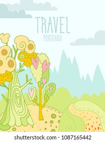 Vector cartoon card with fairy mountains, rocks, hills, trees, clouds