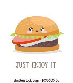 Vector cartoon card with funny food character. Burger illustration with cute text
