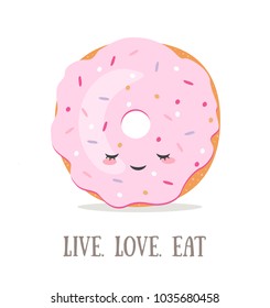 Vector cartoon card with funny food character illustration. Donut with cute text