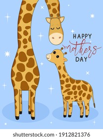 Vector cartoon card. Happy mother's day with giraffe family on blue background.