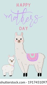 Vector cartoon card. Happy mother's day with llama family on blue background.