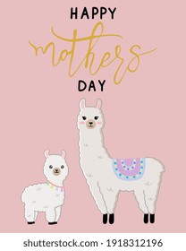 Tarjeta de dibujos animados vectores. Feliz día de la madre con la familia de la llama con antecedentes rosas.