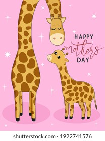 Vector cartoon card. Happy mother's day with giraffe family on pink background.