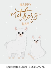 Vector cartoon card. Happy mother's day with llama family on grey background. Cute alpaca
