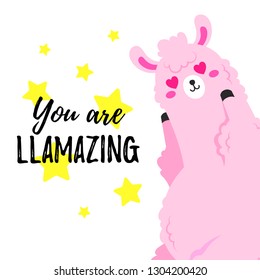Vector cartoon card. Sweet llama. Doodle illustration. Template, background for print, design. Romantic greetings Happy Valentine's Day