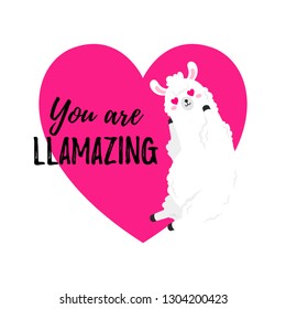 Vector cartoon card. Sweet llama. Doodle illustration. Template, background for print, design. Romantic greetings Happy Valentine's Day