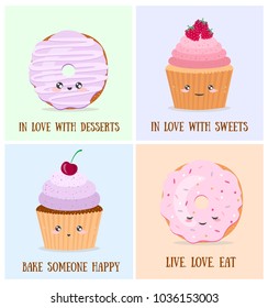 Vector cartoon cards with funny food characters.  Illustrations- cupcake, donut with cute text