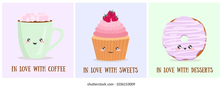 Vector cartoon cards with funny food characters. Illustrations- cupcake, donut, cup of coffee, with emotions