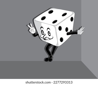 vector cartoon caricature of a modified black and white rectangular dice having a face with two eyes, eyebrows, nose and mouth and is standing leaning against a wall holding up two fingers