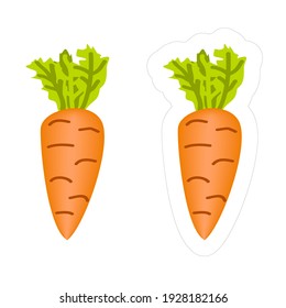 Vector cartoon carrot vegetable die cut sticker. Simple colorful orange root vegetable icon with green leaves for kids gardening or farming game
