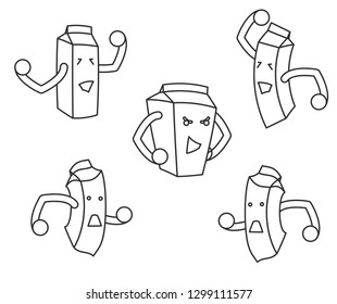 Vector cartoon cartons of milk with eyes and hands in comic style. Caricature bottles for coloring book