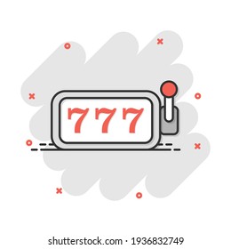 Vector cartoon casino slot machine icon in comic style. 777 jackpot sign illustration pictogram. Casino winner business splash effect concept.