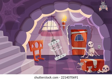 Vector cartoon of castle dungeon with medieval prison cell for prisoners. Interior ancient room with skeleton, pillory, iron shackles on stone walls,, cage and wooden chest and door.