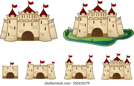 Vector cartoon castle for the game, levels of development, complexity, evolution, vector illustration