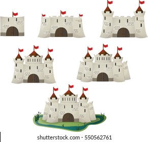 Vector cartoon castle for the game, levels of development, complexity, evolution, vector illustration