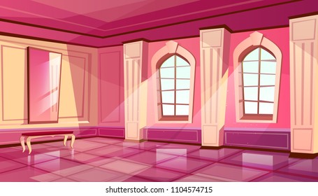 Vector Cartoon Castle Palace Ballroom Interior In Purple Color, Background With Furniture - Big Windows, Mirror With Bench. Luxury Medieval Rich Room In Fairytale Style.