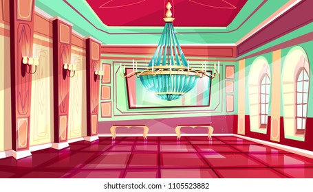 Vector cartoon castle palace ballroom interior background with royal furniture - big windows, chandelier at middle and candles at walls. Luxury medieval rich room in fairytale style.