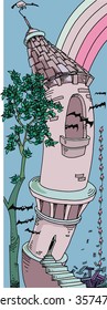vector cartoon castle tower, bats and tree
