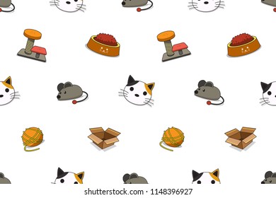 Vector cartoon cat accessories seamless pattern for design.