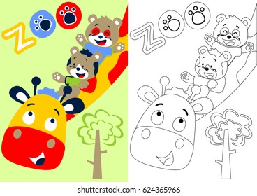 vector cartoon of cat and bear sliding on giraffe's neck, coloring book or page