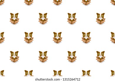 Vector cartoon cat in cardboard box seamless pattern for design.