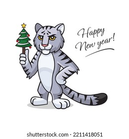 Vektorgrafik Katze. Zeichen, Maskottchen, Symbol, Zeichen des chinesischen Neujahrs. Die Katze hält in Hand Weihnachtsbaum. Alles Gute zum Neujahr. Montag neues Jahr, Jahr der Katze Postkarte, Illustration.