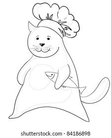 Vector cartoon, cat cook in hat with fish, contours