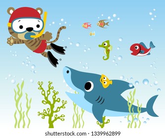 Vector cartoon of cat diving with funny marine animals 