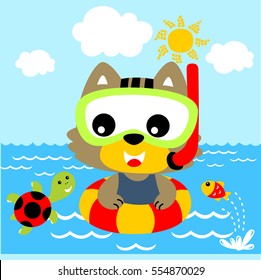 Vector cartoon of cat in diving goggles swimming with turtle and fish