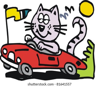 Vector Cartoon Of Cat Driving Car