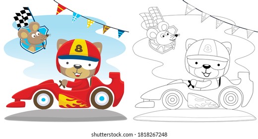 Vector cartoon of cat driving speed car with a mice carrying checkered flag, coloring book or page