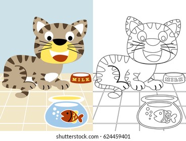 vector cartoon of cat with fish in jars, coloring book or page