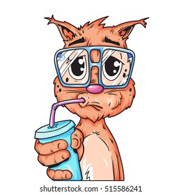 Vector cartoon Cat in glasses with cup of water coloring version. Isolated on white background. Can be used for some poster or print.