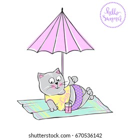 Vector cartoon cat on the beach. Summer kitty. Funny animals illustration. Trendy sketch style design on a t-shirt print, cards, poster. Doodle Kitty.