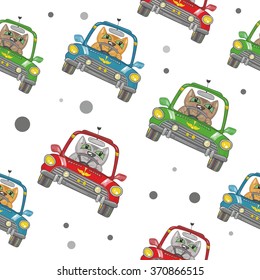 Vector Cartoon Cat on the Car Pattern | Seamless funny baby texture with colorful transport on white background