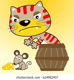 vector cartoon of cat on wooden barrel try to catch a mice
