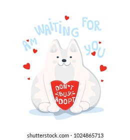 Vector cartoon cat and a quote: Do not buy, adopt. I'm waiting for you. Cute poster on the theme of animal protection, shelters, pet stores.