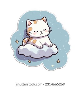 Vector cartoon cat sitting on the cloud. Good night sweet dreams illustration sticker isolated on white. Kawaii kitty