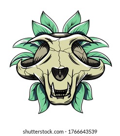 vector cartoon cat skull with leaves beahind
