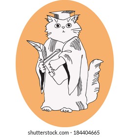 Vector cartoon of a cat student with feather and book