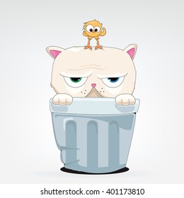 vector cartoon of a cat in a thrash can