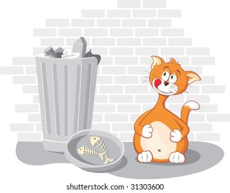 Vector cartoon cat with wastebasket and fish bones on brick wall background.