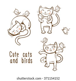 Vector cartoon cats and birds set. Best friends.